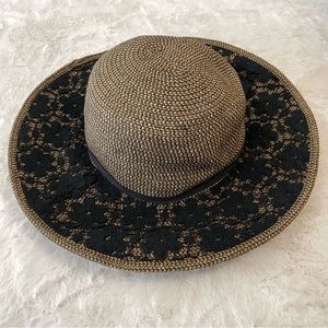 GRACE HATS black-lace covered wide-brim tan paper sun shade hat